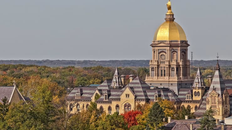 A general view of the Administration Building with the Golden Dome on the Campus of Notre Dame. (CNBC)